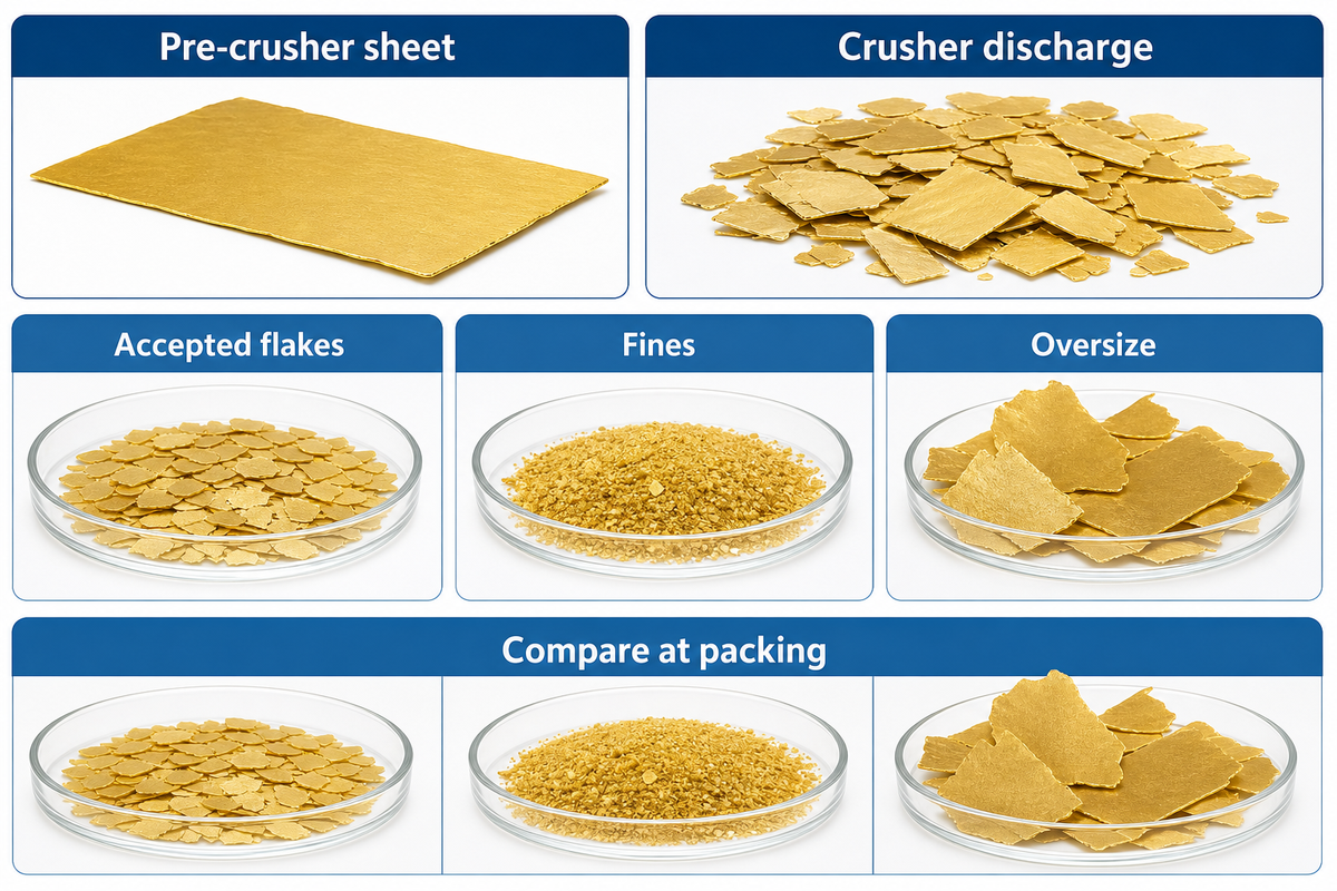Feuilletine crushing and screening diagram separating accepted flakes, fines and oversize, followed by a packing check.