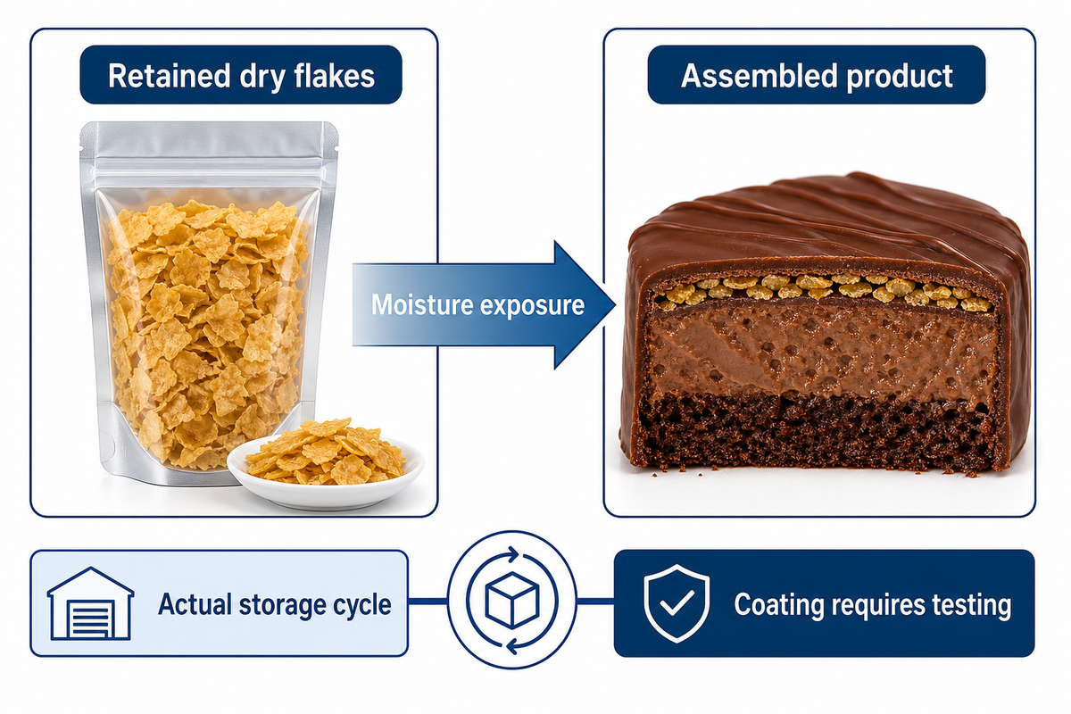 Paired dry-flake and assembled-dessert testing diagram showing moisture exposure, coating and actual storage conditions.