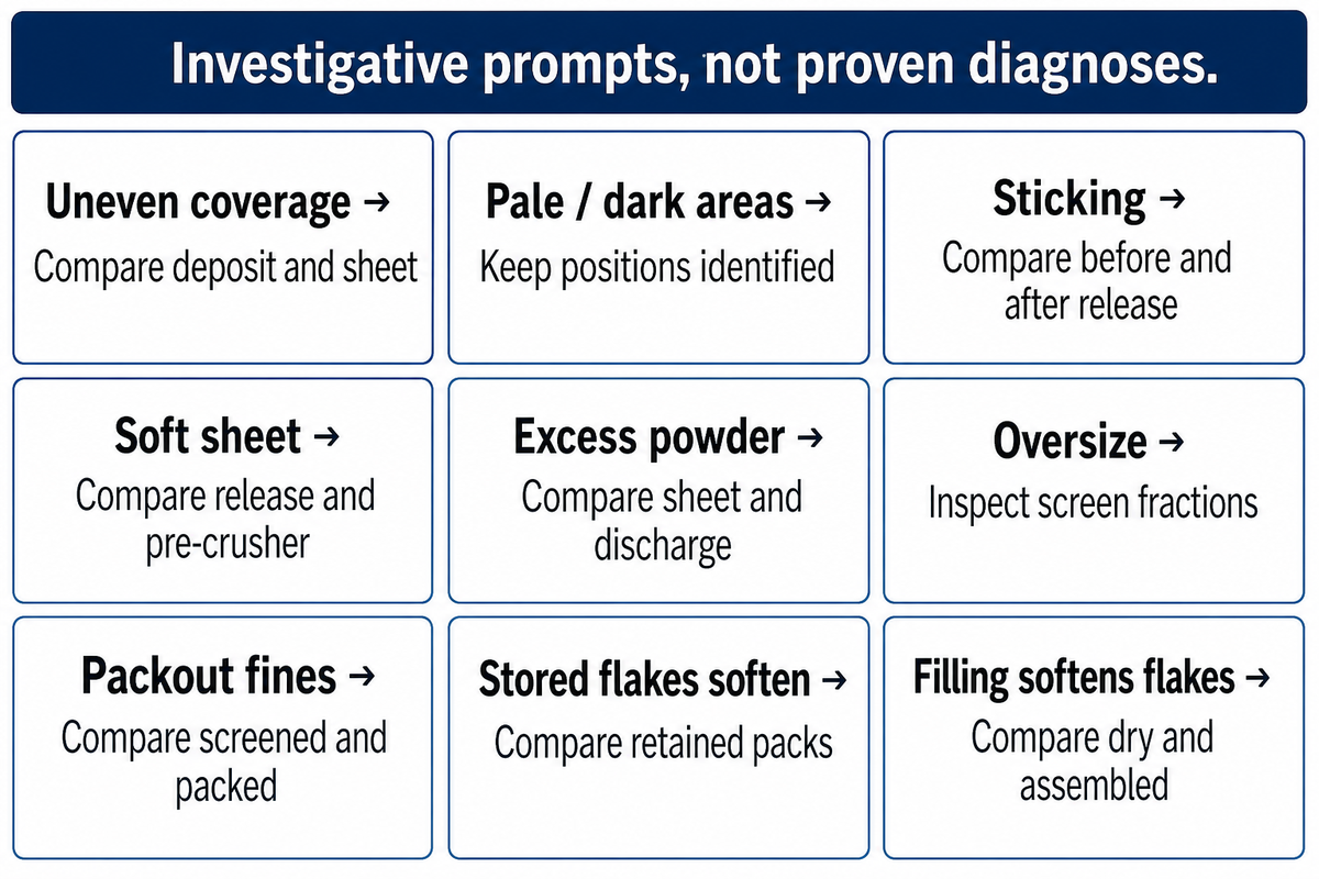 Nine feuilletine defect observations mapped to the sample pairs to compare, labeled as investigative prompts.