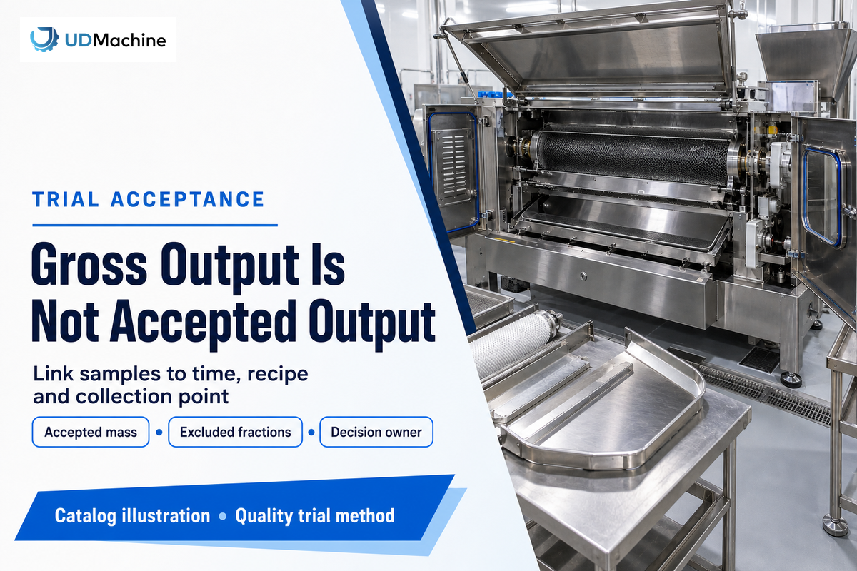 Catalog equipment illustration highlighting accepted mass, excluded fractions and a responsible trial decision owner.