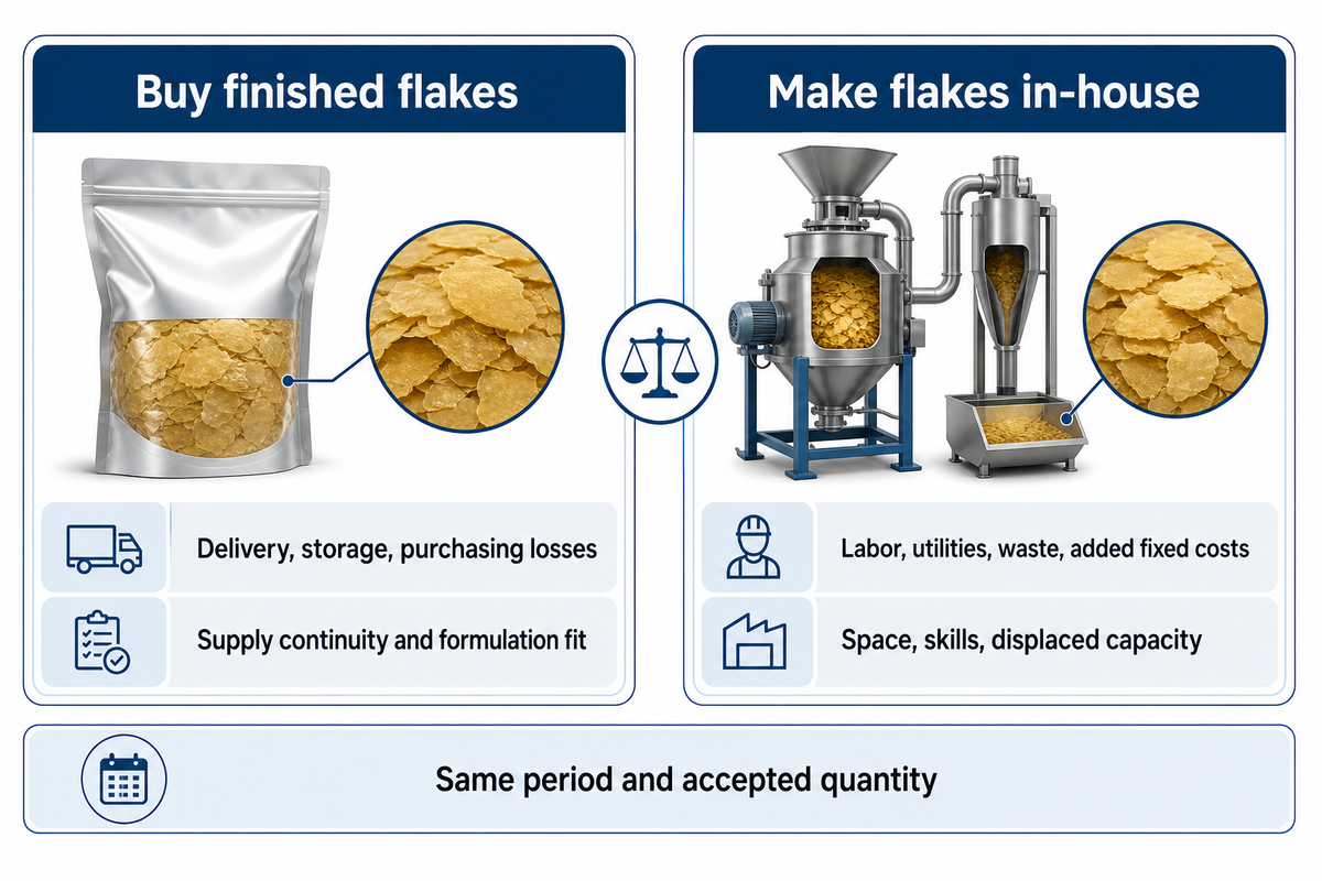 Make-or-buy comparison for feuilletine including purchasing costs, operating costs and a common accepted quantity.