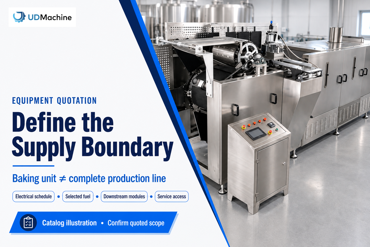 Baking-unit catalog illustration explaining electrical, fuel, downstream module and service-access quotation boundaries.