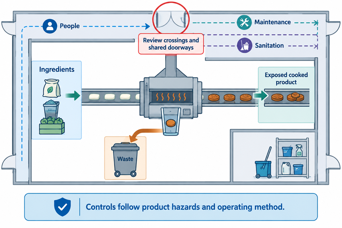 Conceptual pancake-line planning diagram: Draw Raw Materials, People and Waste as Separate Routes. Illustrative, subject to actual drawings and trials.