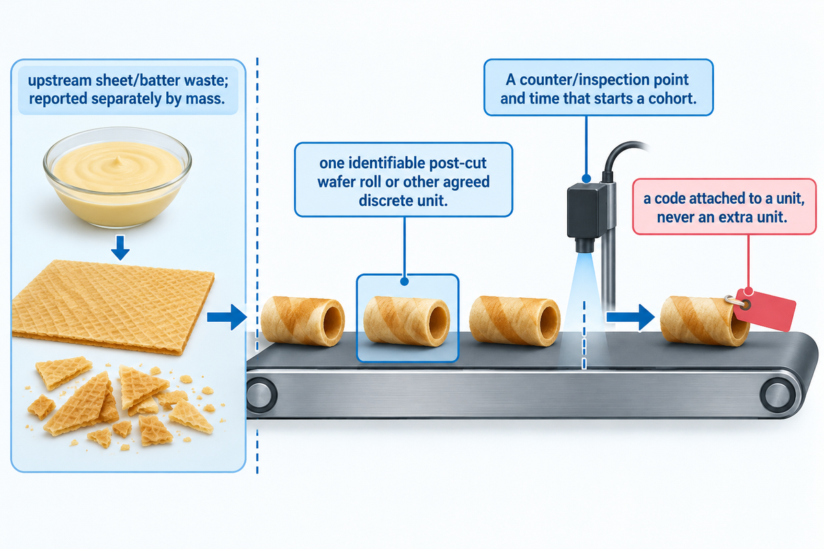 Count one post-cut wafer roll at a fixed counter boundary; keep defect codes and upstream mass waste separate.