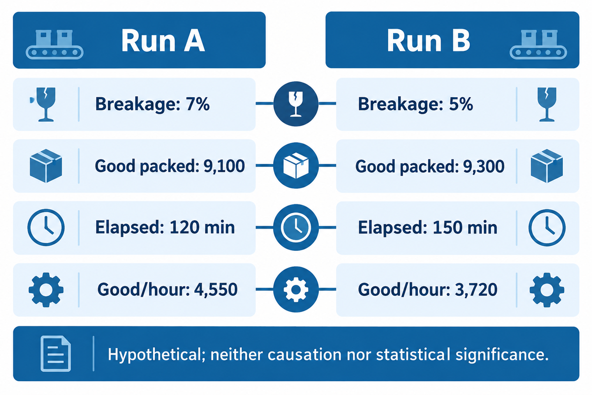 Hypothetical matched runs reduce breakage from 7 to 5 percent while good packed output per hour falls from 4,550 to 3,720 because elapsed time is longer.