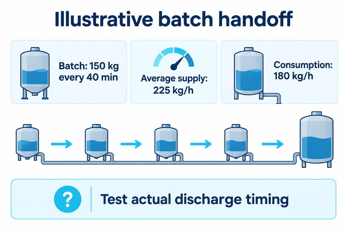 A hypothetical 150 kg batch every 40 minutes averages 225 kg/h; actual delivery timing still needs testing.