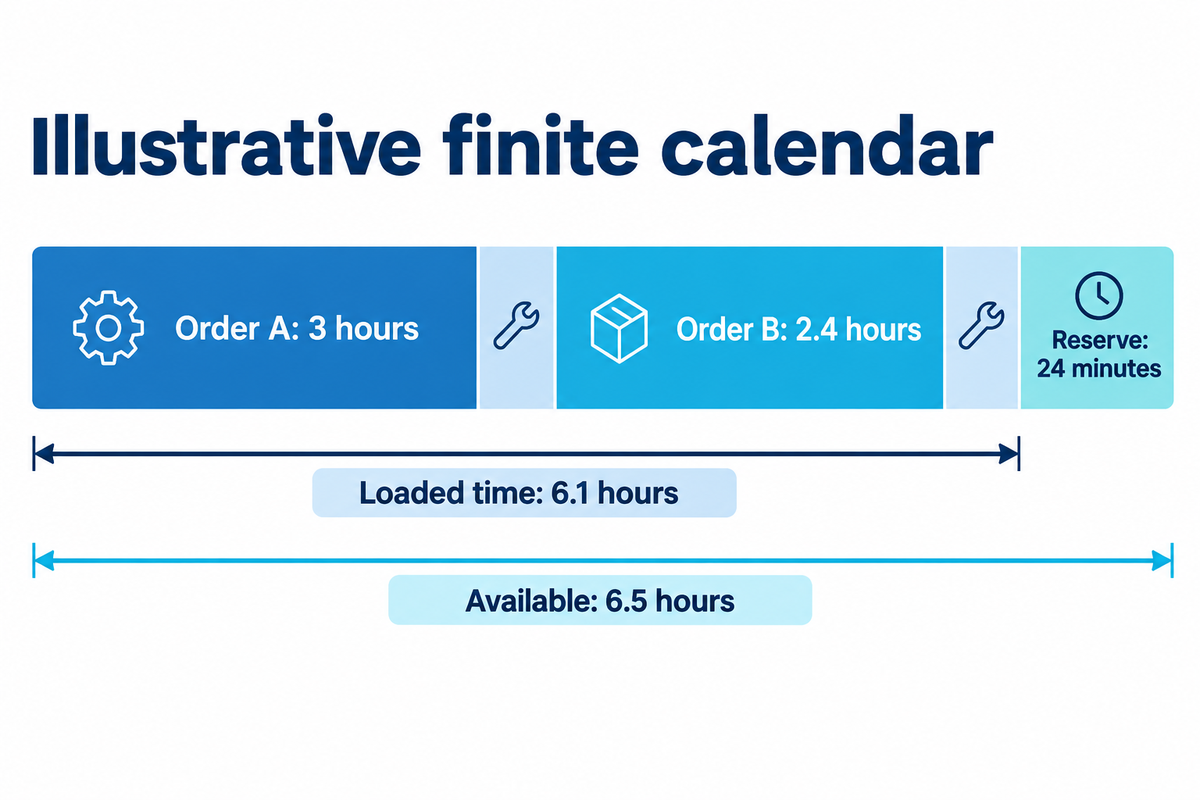 Illustrative mixed orders plus changeovers load 6.1 of 6.5 hours, leaving a 24-minute reserve.