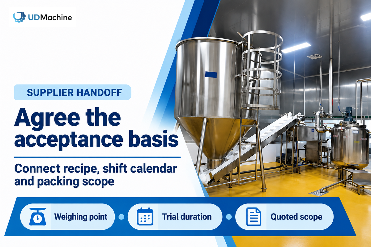 A supplier trial needs an agreed recipe, output boundary, duration and quoted packing scope; UDTECH planning guide.