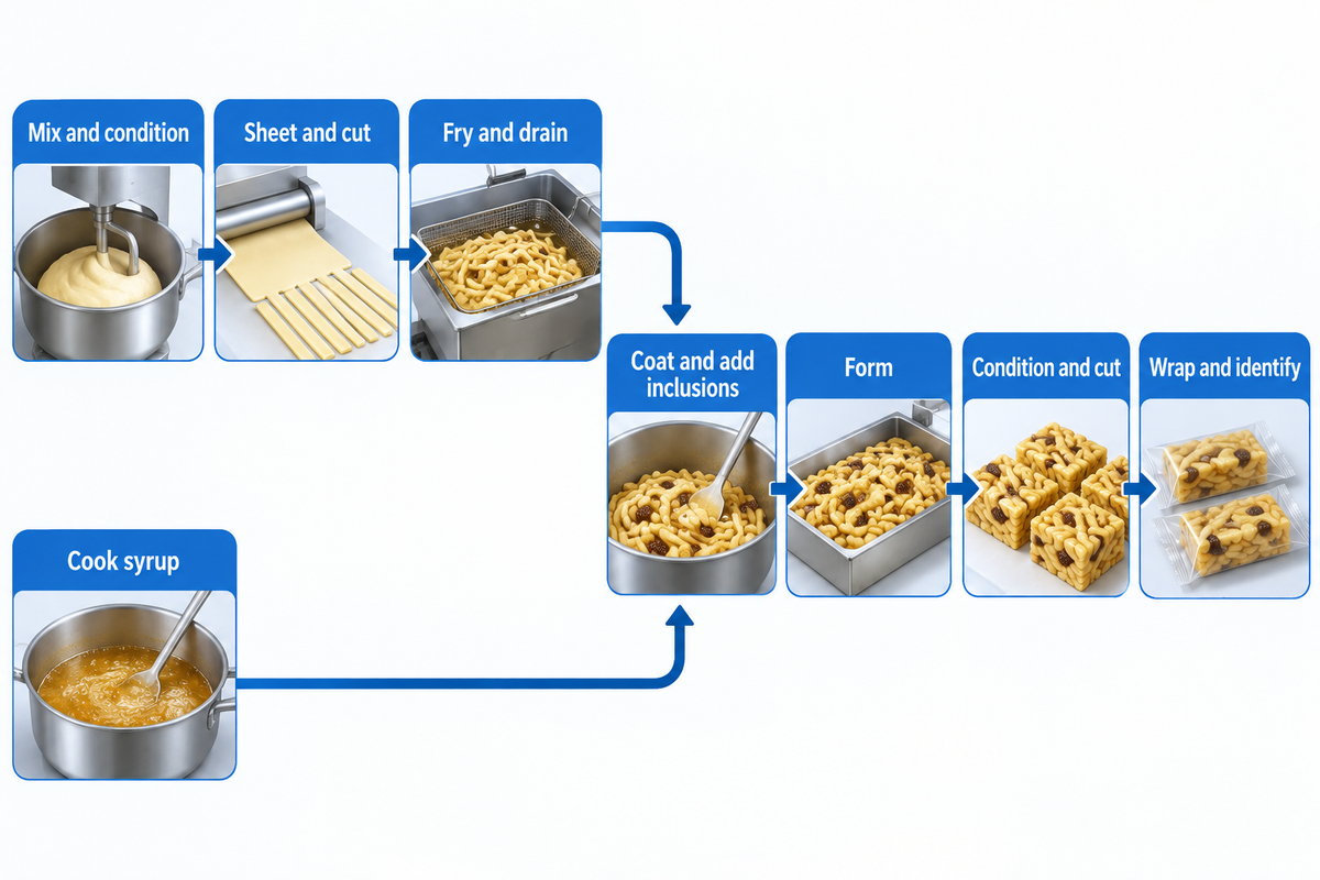 Eight Sachima operations include a separate syrup branch that joins at coating; process synthesis.