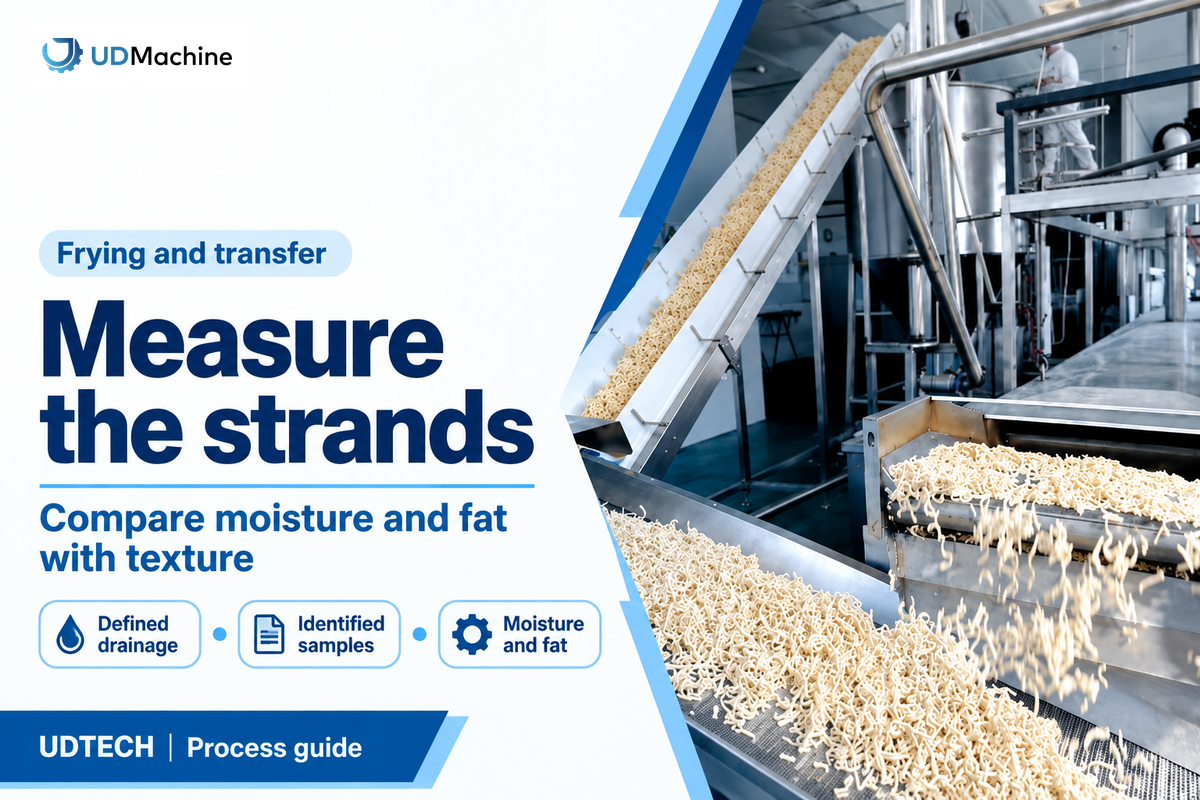 Fried Sachima strands transfer between conveyors; UDTECH site image, without a claimed process setting.