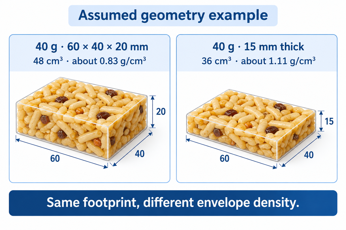 Assumed 40 g bars show how reduced thickness raises envelope density at the same footprint.