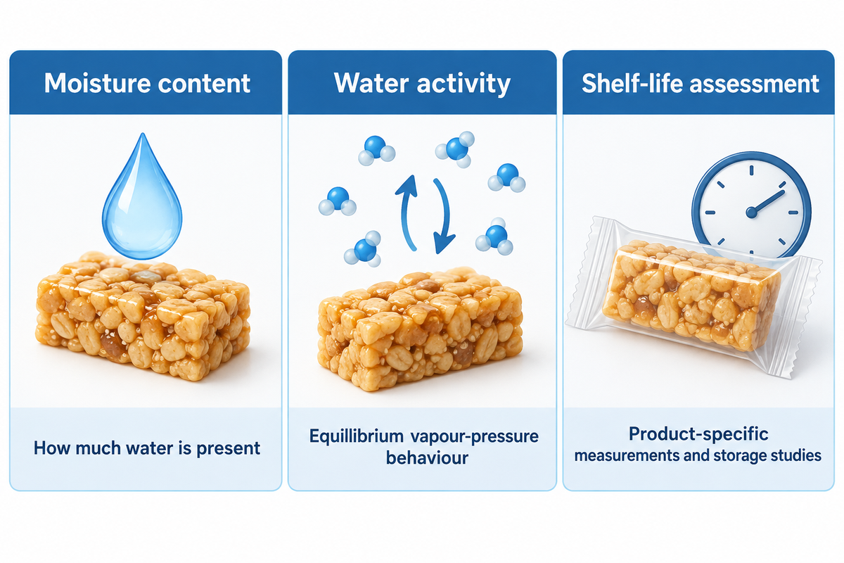 Moisture content and water activity describe different properties; storage studies remain necessary.