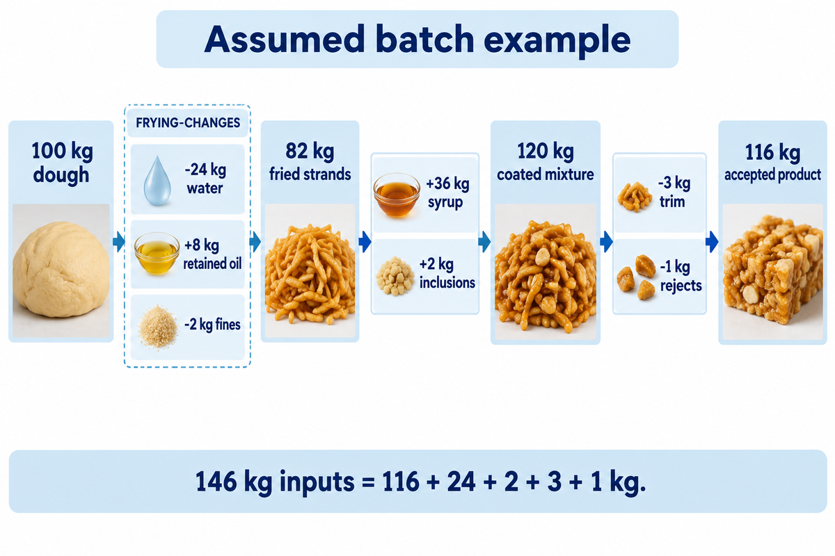 Hypothetical batch balance tracks 100 kg dough to 116 kg accepted product after additions and losses.
