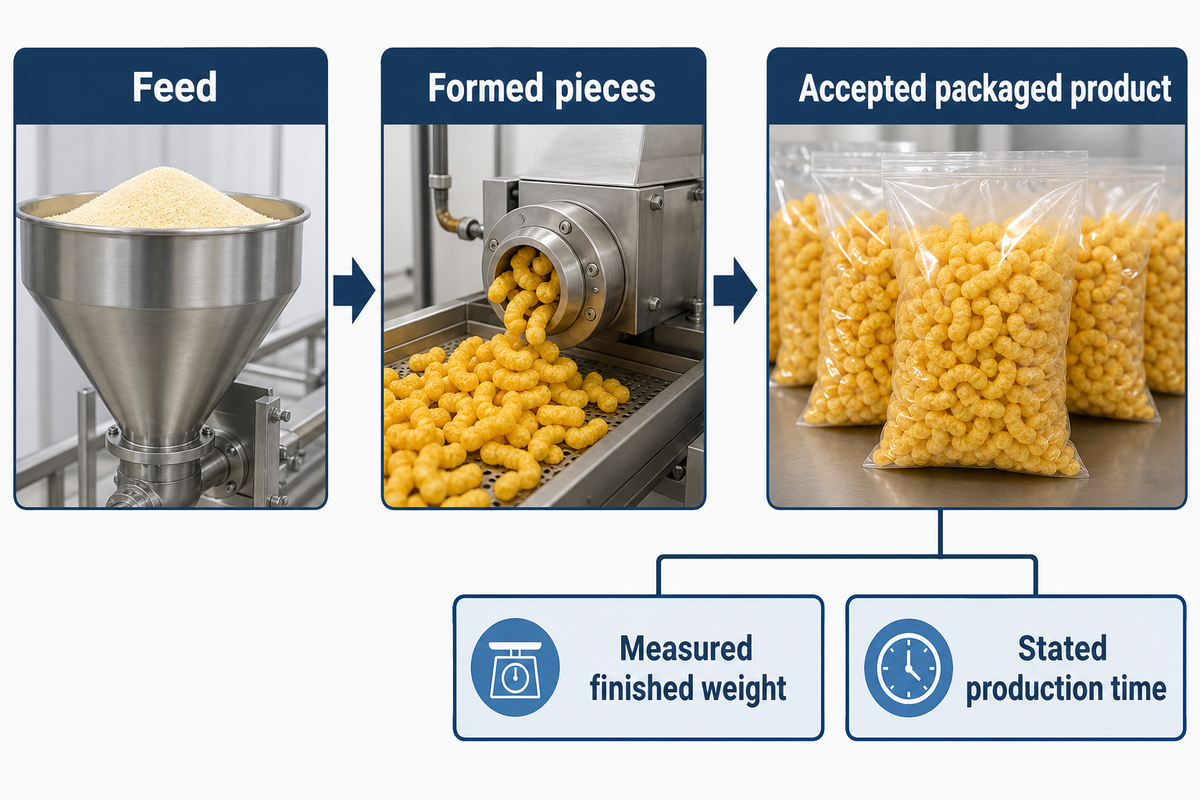 Three capacity boundaries: feed, formed pieces and accepted packages, with measured weight and production time.