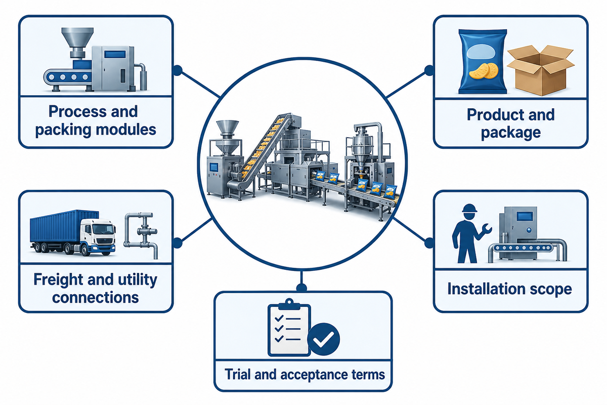 Quote-scope map covering process and packing modules, product, freight, connections, installation and acceptance.