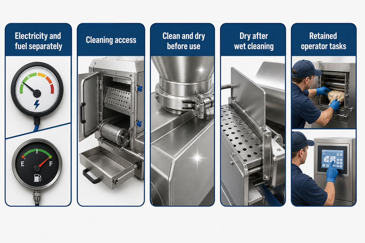 Inspection checks for electricity and fuel, cleaning access, dry contact surfaces and retained operator tasks.