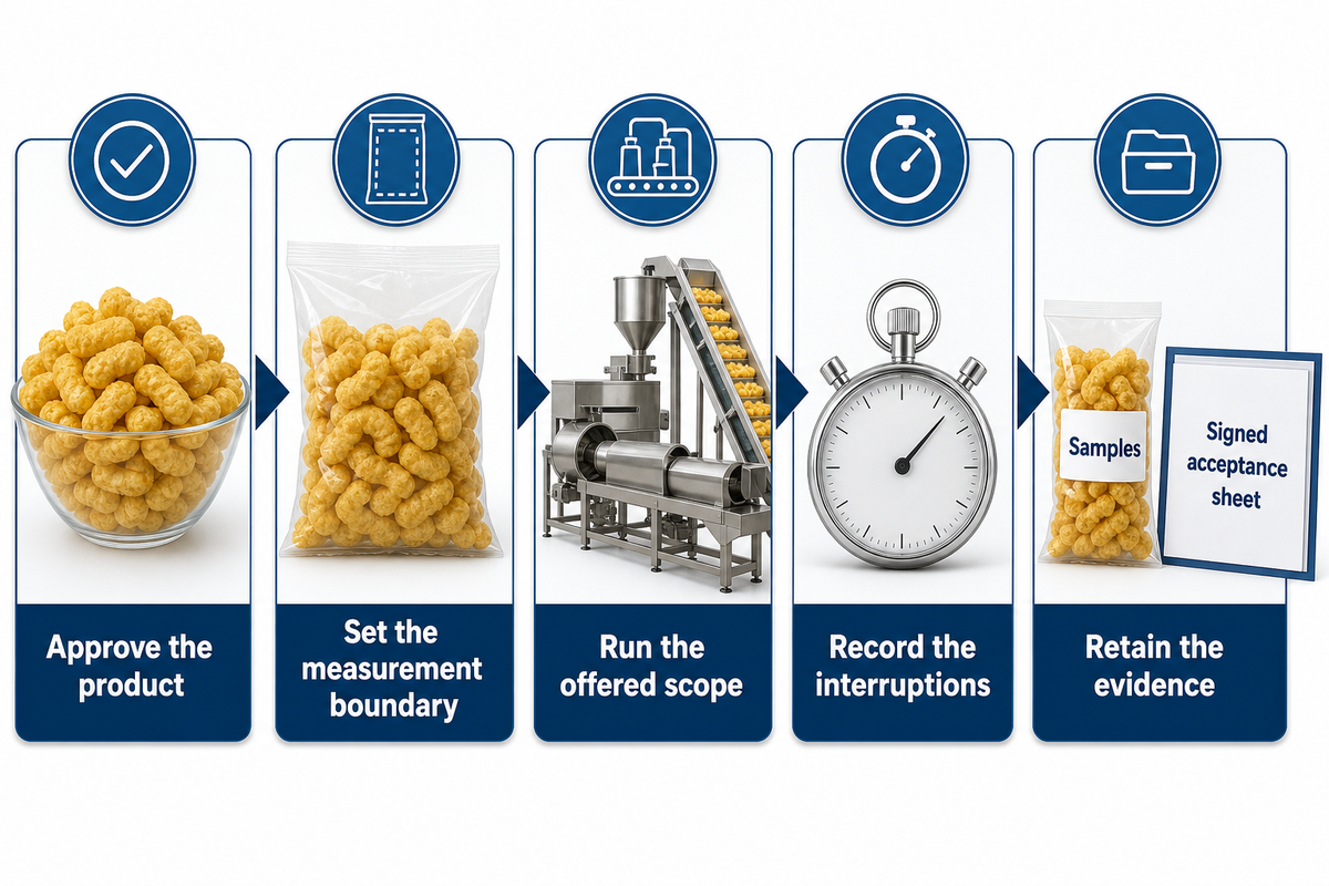 Five supplier-trial steps: approve product, set boundary, run scope, record interruptions and retain evidence.