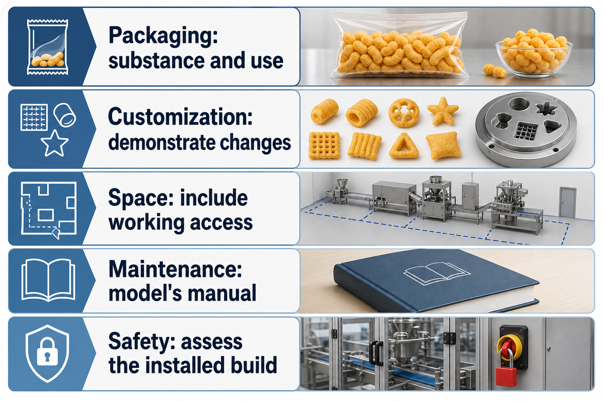 FAQ checks for packaging use, demonstrated customization, working access, model-specific maintenance and installed safety.
