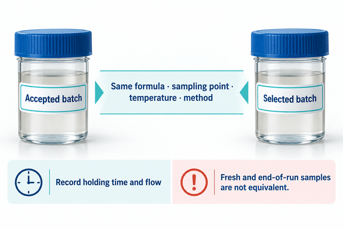 Match formula, sampling point, temperature and method when comparing batter, as discussed with Dogan's wafer study.