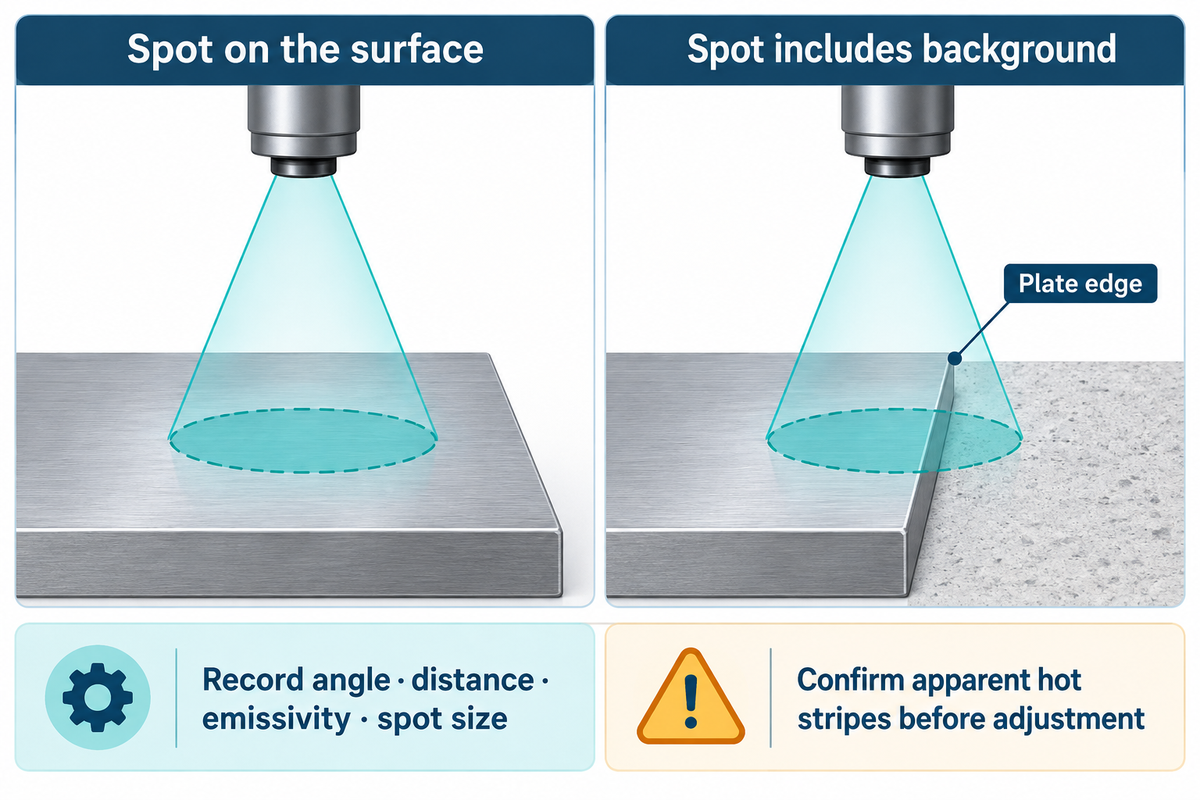 An infrared spot can include an edge or background; document geometry and emissivity, consistent with NIST cautions.