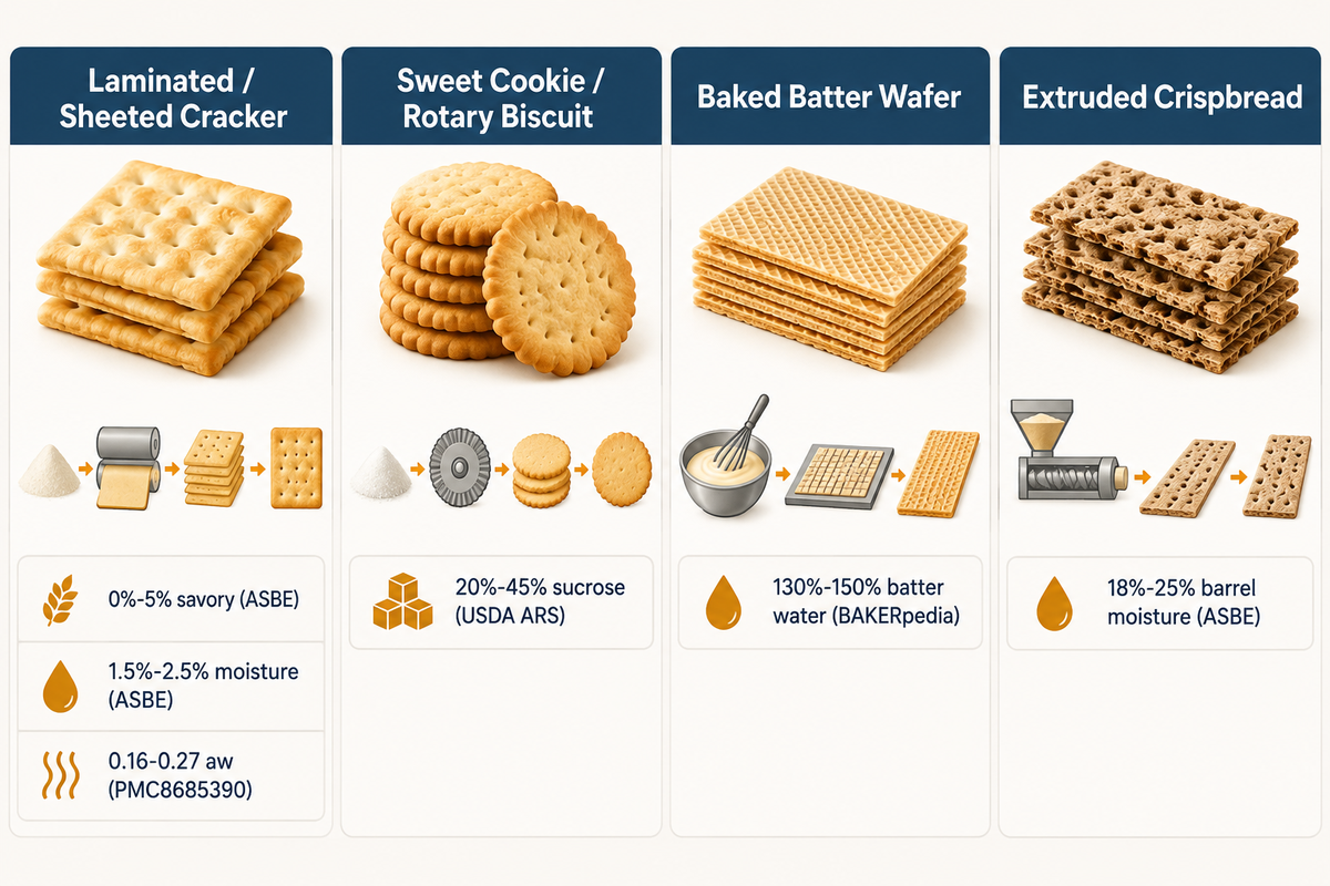 Four-column bakery engineering comparison of laminated crackers, sweet cookies, baked batter wafers, and extruded crispbreads