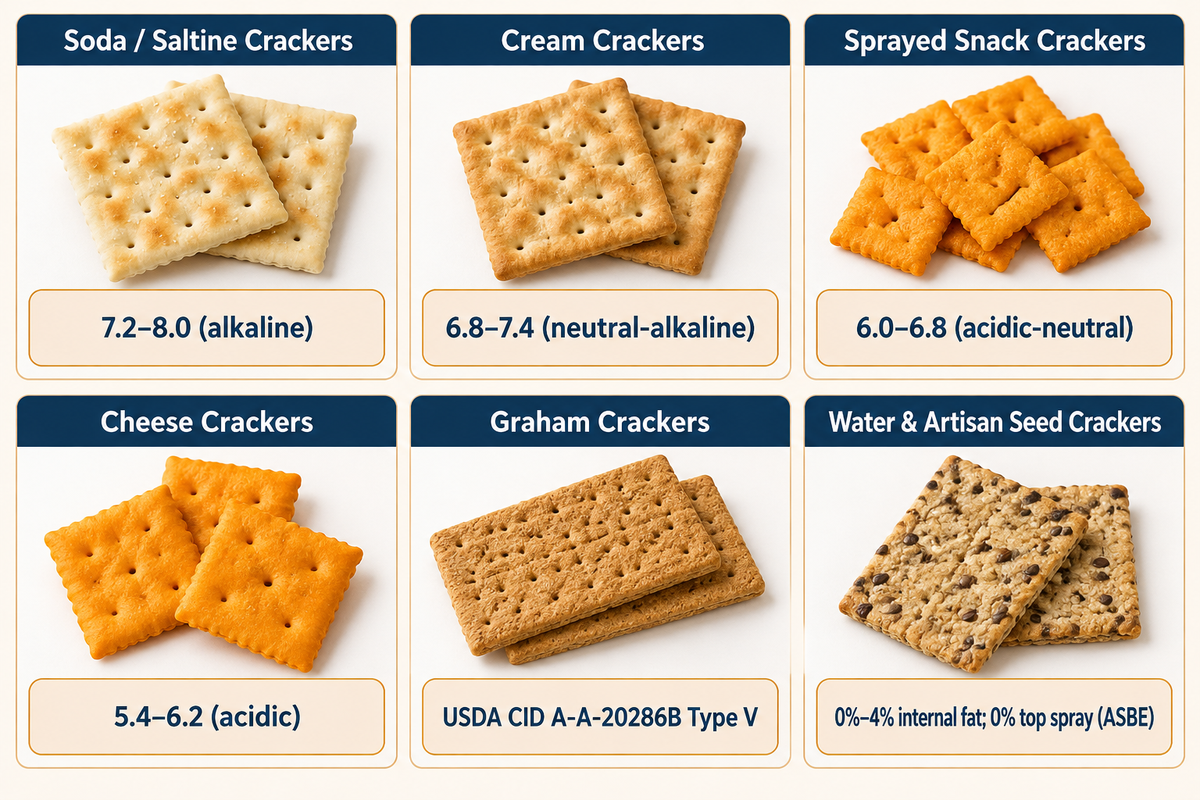 Classification grid of the six major commercial cracker types with baked pH and leavening routes