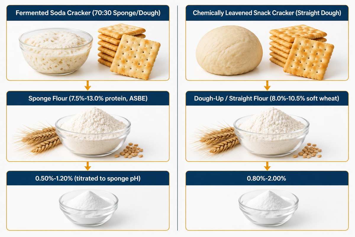 Side-by-side formulation diagram comparing 70:30 fermented soda cracker sponge-and-dough against straight-dough snack crackers