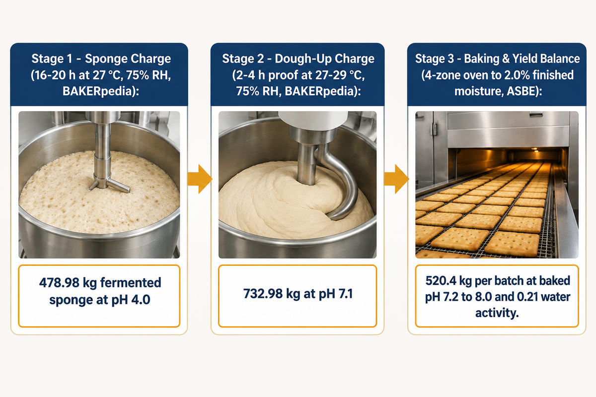 Three-stage pH and mass balance flow diagram for a 500 kg flour batch soda cracker fermentation