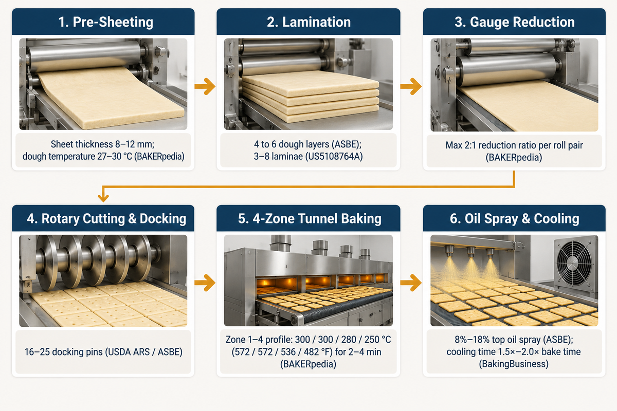 Six-stage industrial cracker production line flowchart from pre-sheeting and lamination to 4-zone tunnel baking