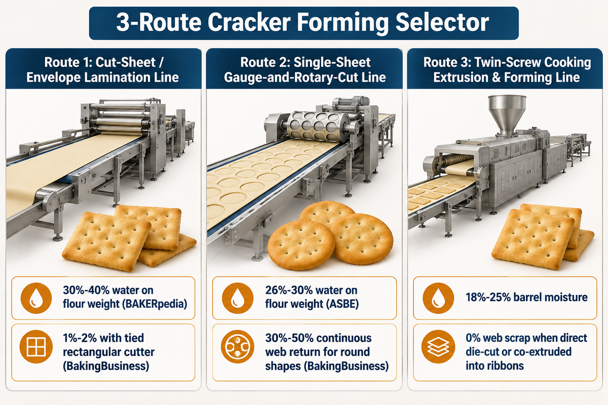 Three-route commercial cracker forming selector comparing cut-sheet lamination, single-sheet rotary cutting, and twin-screw extrusion