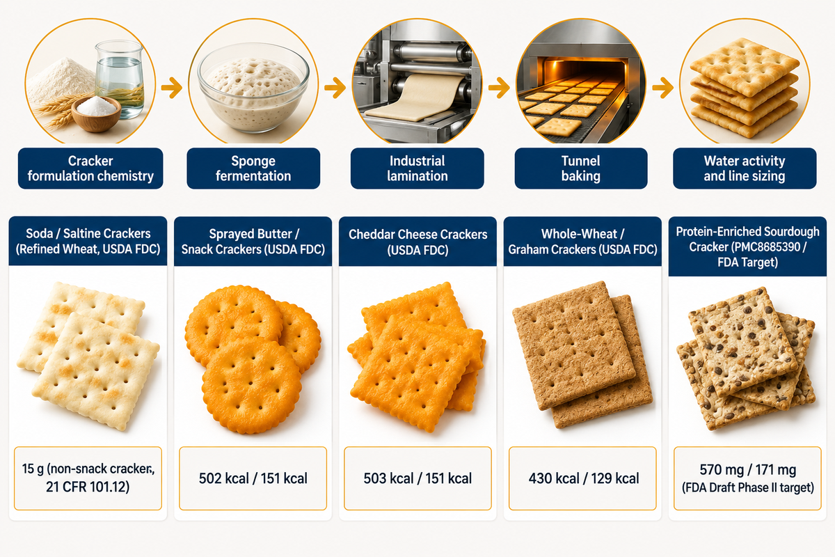 Nutritional comparison infographic of commercial crackers per 100 g and FDA 21 CFR 101.12 RACC serving sizes