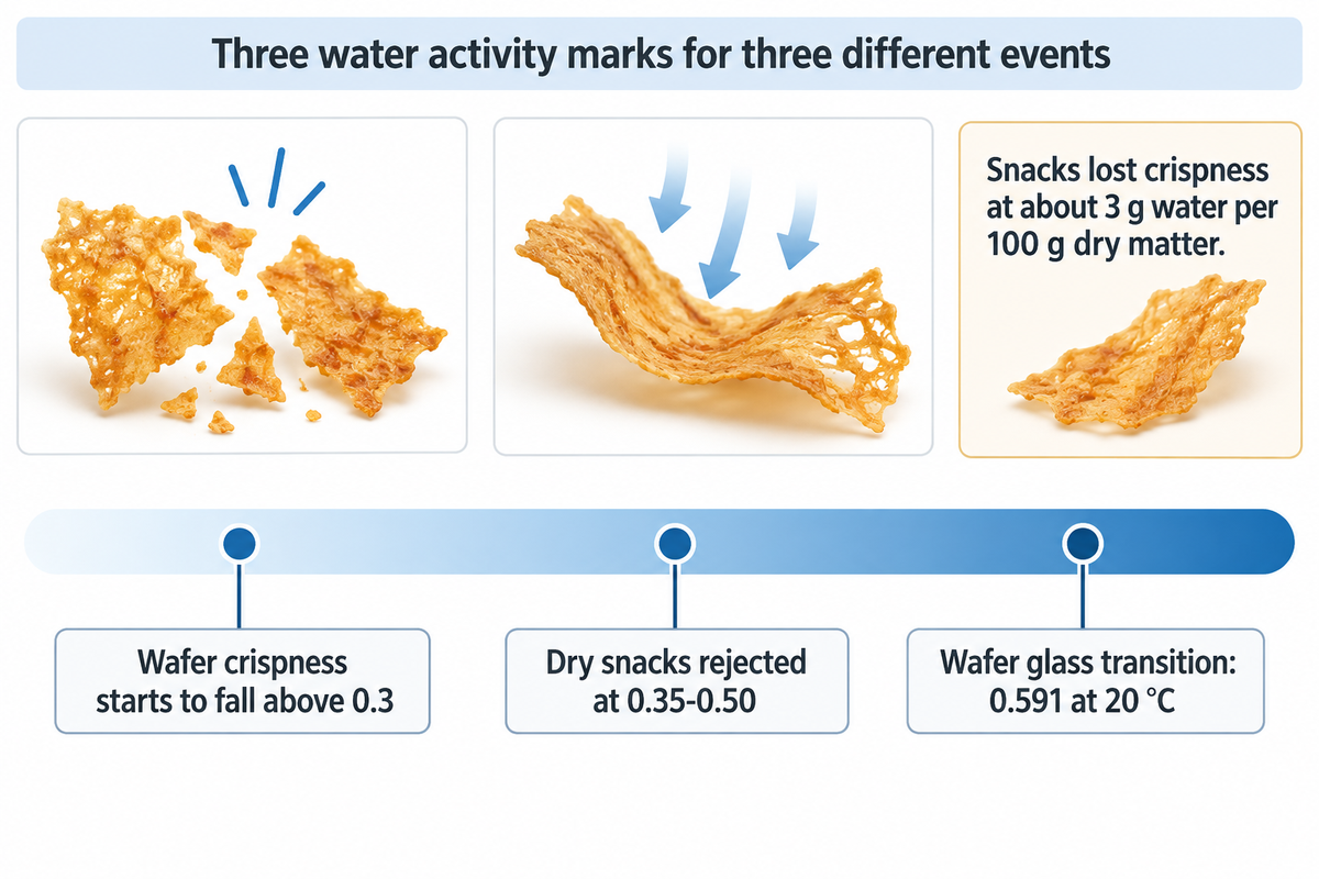 Water activity scale: wafer crispness falls above 0.3, dry snacks rejected at 0.35–0.50, wafer glass transition 0.591 at 20 °C