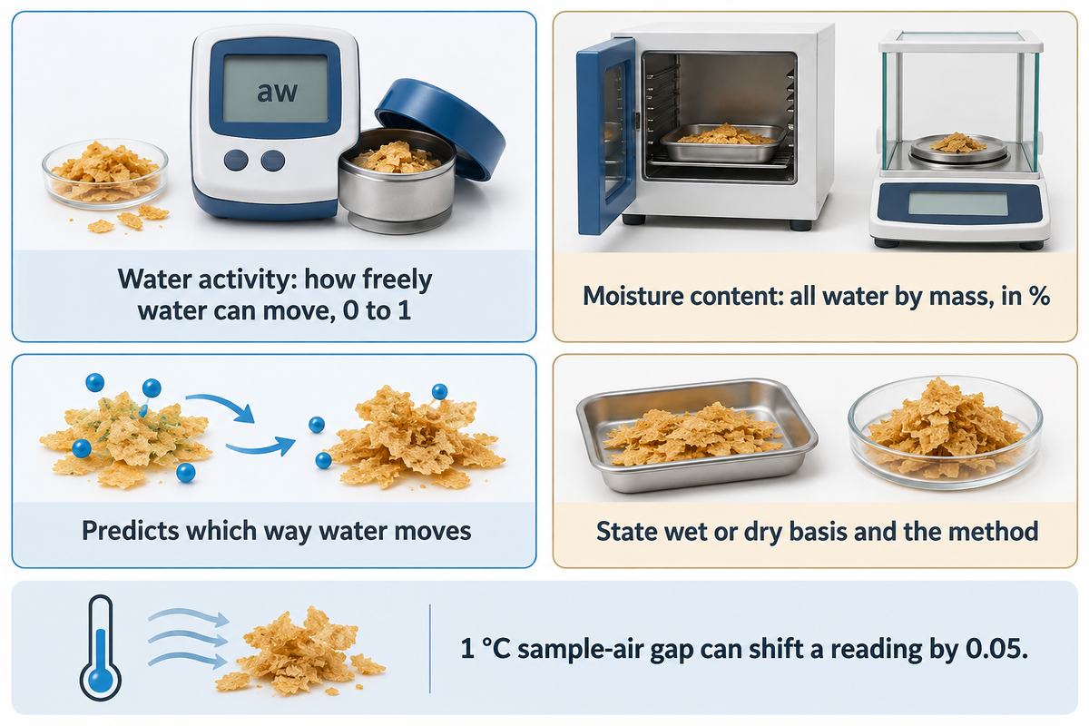Water activity (0 to 1) predicts which way water moves; moisture content needs its basis; 1 °C can shift a reading by 0.05