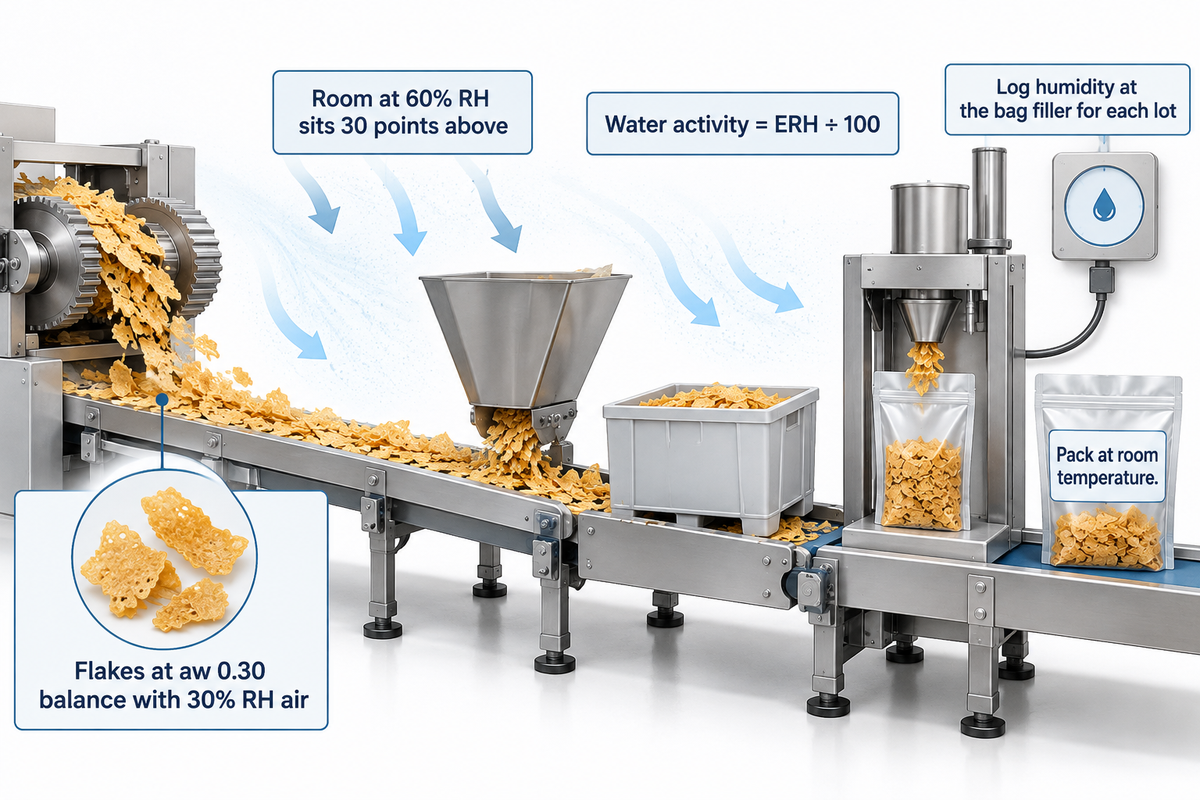 Flakes at water activity 0.30 balance with 30% RH air; a 60% RH packing room pushes water in on every open conveyor