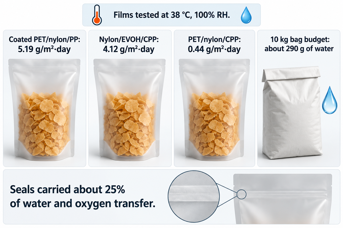 Pouch films passed 5.19, 4.12 and 0.44 g/m²·day; a 10 kg bag can absorb about 290 g of water; seals carried about 25%