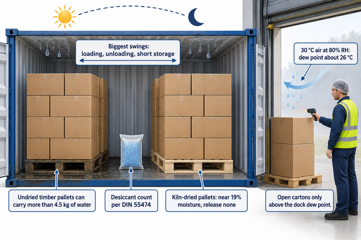 Container rain: dew point of 30 °C, 80% RH air is about 26 °C; open cartons only when warmer than the dock dew point
