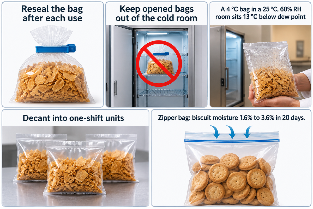 Opened feuilletine bags: reseal, keep out of the cold room (13 °C below dew point), decant per shift; zipper bags let water in