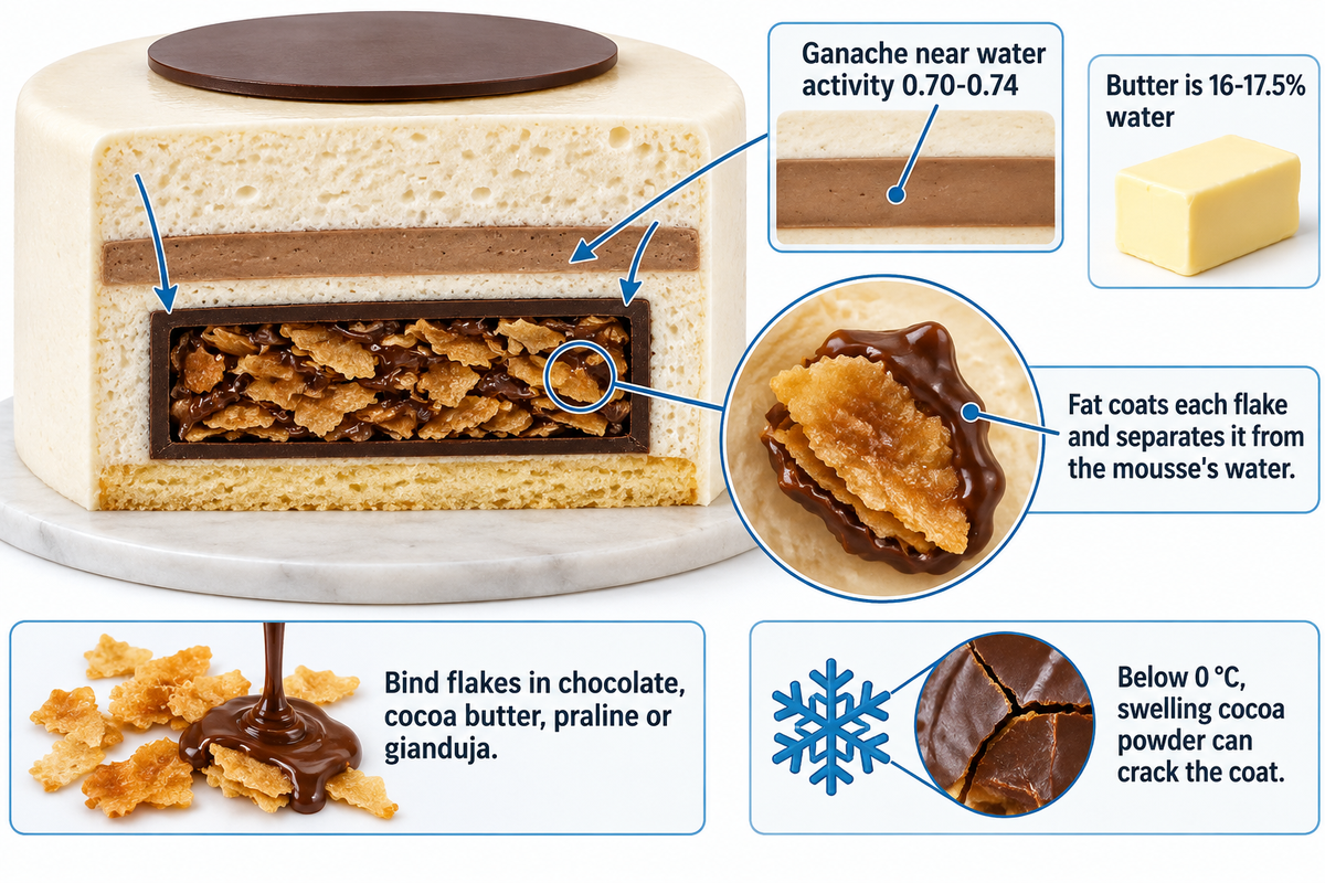 Water moves from mousse and ganache (aw 0.70–0.74) into flakes; a croustillant bound in chocolate or praline keeps them crisp