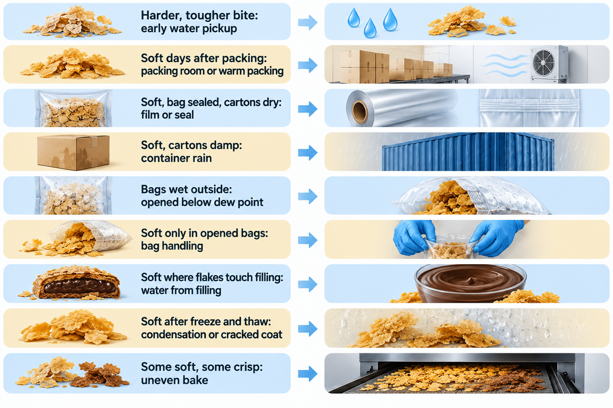 Nine feuilletine texture complaints mapped to their loss point, from a harder bite to uneven baking