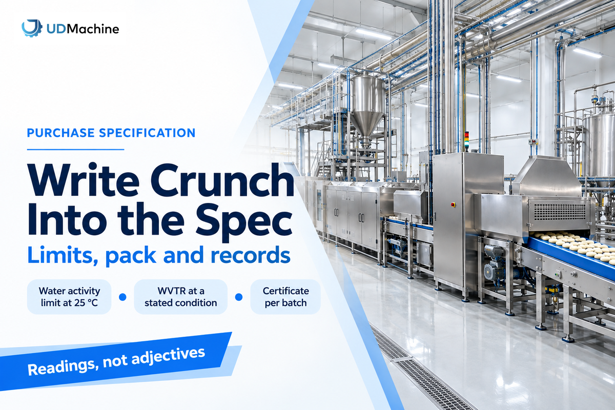 A feuilletine purchase specification states a water activity limit at 25 °C, a moisture limit, pack WVTR and a certificate per batch