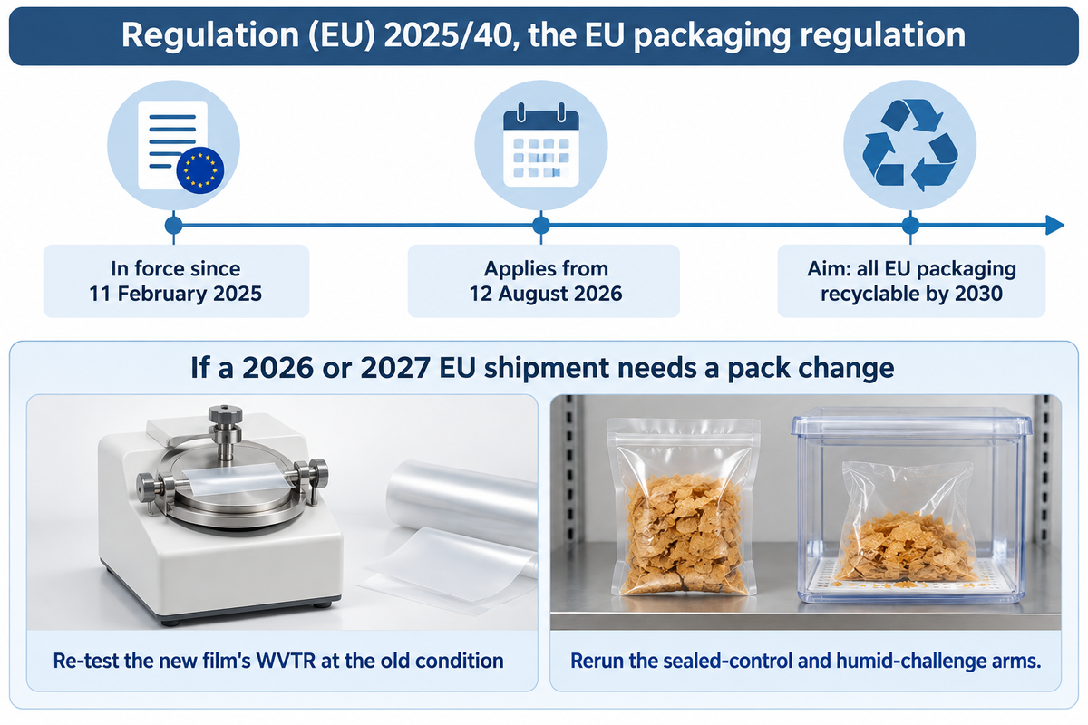 EU packaging regulation 2025/40: in force 11 Feb 2025, applies 12 Aug 2026, recyclable by 2030; re-test the new film